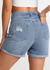 Denim Blue bottoms,Plain Color bottoms,Button Denim Blue Regular High Waisted Shorts
