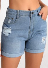 Denim Blue bottoms,Plain Color bottoms,Button Denim Blue Regular High Waisted Shorts