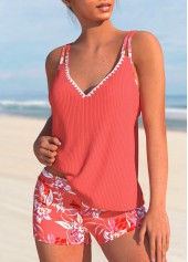Coral swimwear,Floral swimwear,Plants swimwear,ROTITA Contrast Binding Coral Floral Print Tankini Set