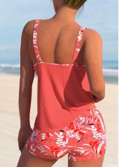 Coral swimwear,Floral swimwear,Plants swimwear,ROTITA Contrast Binding Coral Floral Print Tankini Set
