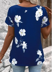 Dark Blue tops,Floral tops,Plants tops,ROTITA Floral Print Dark Blue Square Neck T Shirt