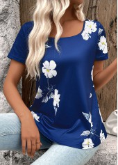 Dark Blue tops,Floral tops,Plants tops,ROTITA Floral Print Dark Blue Square Neck T Shirt