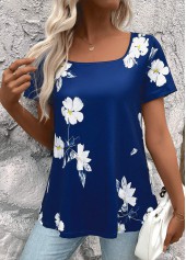 Dark Blue tops,Floral tops,Plants tops,ROTITA Floral Print Dark Blue Square Neck T Shirt