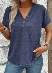 Navy tops,Plain Color tops,ROTITA Button Navy V Neck Short Sleeve Blouse