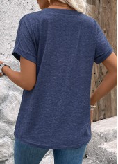 Navy tops,Plain Color tops,ROTITA Button Navy V Neck Short Sleeve Blouse