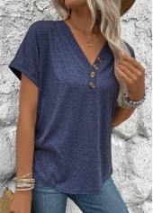 Navy tops,Plain Color tops,ROTITA Button Navy V Neck Short Sleeve Blouse