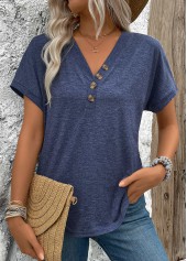 Navy tops,Plain Color tops,ROTITA Button Navy V Neck Short Sleeve Blouse
