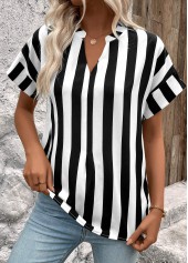 Black tops,Striped tops,Geometric tops,ROTITA Patchwork Striped Black Split Neck Short Sleeve Blouse