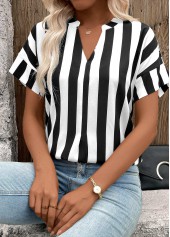 Black tops,Striped tops,Geometric tops,ROTITA Patchwork Striped Black Split Neck Short Sleeve Blouse
