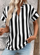 Black tops,Striped tops,Geometric tops,ROTITA Patchwork Striped Black Split Neck Short Sleeve Blouse