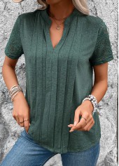 Green tops,Plain Color tops,ROTITA Pleated Green Split Neck Short Sleeve T Shirt