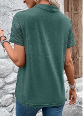 Green tops,Plain Color tops,ROTITA Pleated Green Split Neck Short Sleeve T Shirt