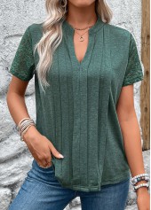 Green tops,Plain Color tops,ROTITA Pleated Green Split Neck Short Sleeve T Shirt