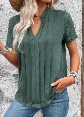 Green tops,Plain Color tops,ROTITA Pleated Green Split Neck Short Sleeve T Shirt