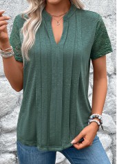 Green tops,Plain Color tops,ROTITA Pleated Green Split Neck Short Sleeve T Shirt
