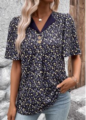 ROTITA Button Ditsy Floral Print Navy Short Sleeve T Shirt