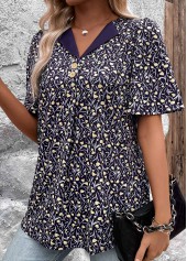 Navy tops,Ditsy Floral tops,Floral tops,Plants tops,ROTITA Button Ditsy Floral Print Navy Short Sleeve T Shirt