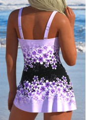 Light Purple swimwear,Black swimwear,Floral swimwear,Plants swimwear,ROTITA Patchwork Light Purple Floral Print One Piece Swimdress