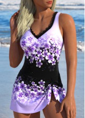 Light Purple swimwear,Black swimwear,Floral swimwear,Plants swimwear,ROTITA Patchwork Light Purple Floral Print One Piece Swimdress