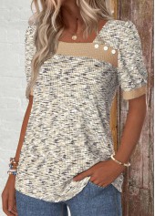 Light Coffee tops,Plain Color tops,ROTITA Button Light Coffee Asymmetrical Neck Short Sleeve T Shirt