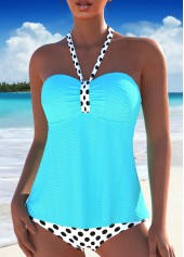 Light Blue swimwear,Dot swimwear,ROTITA Ruched Light Blue Polka Dot Tankini Set