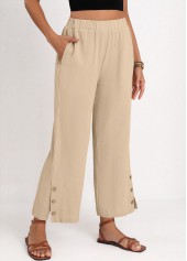 Beige bottoms,Plain Color bottoms,Split Elastic Waist High Waisted Beige Pants