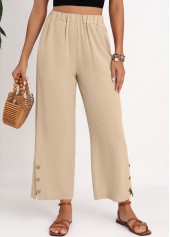 Beige bottoms,Plain Color bottoms,Split Elastic Waist High Waisted Beige Pants