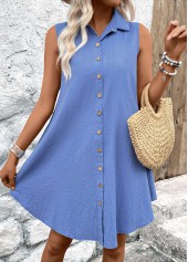 Denim Blue dresses,Plain Color dresses,Everyday dresses,Casual dresses,ROTITA Button Denim Blue A Line Shirt Collar Sleeveless Dress
