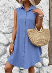 Denim Blue dresses,Plain Color dresses,Everyday dresses,Casual dresses,ROTITA Button Denim Blue A Line Shirt Collar Sleeveless Dress