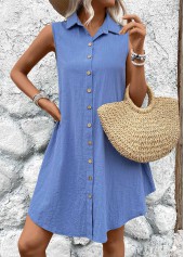 Denim Blue dresses,Plain Color dresses,Everyday dresses,Casual dresses,ROTITA Button Denim Blue A Line Shirt Collar Sleeveless Dress