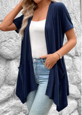 Navy tops,Plain Color tops,Handkerchief Hem Navy Short Sleeve Light Cardigan