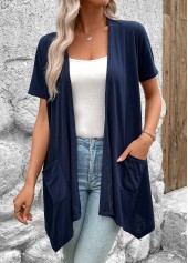 Navy tops,Plain Color tops,Handkerchief Hem Navy Short Sleeve Light Cardigan