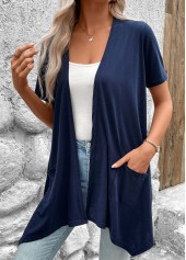 Navy tops,Plain Color tops,Handkerchief Hem Navy Short Sleeve Light Cardigan