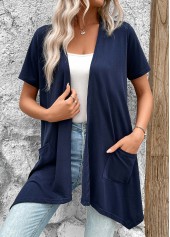 Navy tops,Plain Color tops,Handkerchief Hem Navy Short Sleeve Light Cardigan