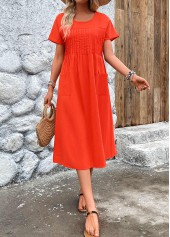 Neon Red dresses,Plain Color dresses,Everyday dresses,Casual dresses,ROTITA Pleated Neon Red Round Neck Short Sleeve Dress