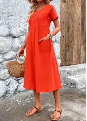 Neon Red dresses,Plain Color dresses,Everyday dresses,Casual dresses,ROTITA Pleated Neon Red Round Neck Short Sleeve Dress