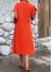 Neon Red dresses,Plain Color dresses,Everyday dresses,Casual dresses,ROTITA Pleated Neon Red Round Neck Short Sleeve Dress