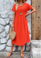 Neon Red dresses,Plain Color dresses,Everyday dresses,Casual dresses,ROTITA Pleated Neon Red Round Neck Short Sleeve Dress