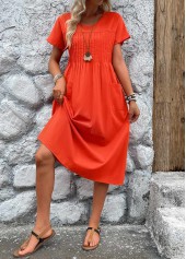 Neon Red dresses,Plain Color dresses,Everyday dresses,Casual dresses,ROTITA Pleated Neon Red Round Neck Short Sleeve Dress
