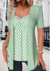 Green tops,Dot tops,ROTITA Polka Dot Green Heart Collar Fake Two Piece Twinset