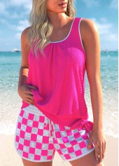 Hot Pink swimwear,Geometric swimwear,Plaid swimwear,ROTITA Jacquard Hot Pink Geometric Print Tankini Set