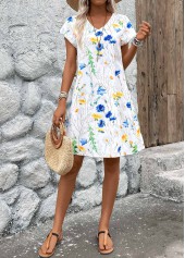 White dresses,Floral dresses,Plants dresses,Vacation dresses,Vacation dresses,ROTITA Lightweight Floral Print White A Line V Neck Dress