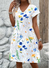 White dresses,Floral dresses,Plants dresses,Vacation dresses,Vacation dresses,ROTITA Lightweight Floral Print White A Line V Neck Dress