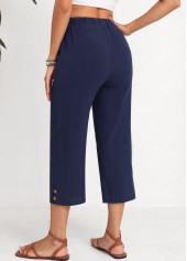 Navy bottoms,Plain Color bottoms,Button Navy Elastic Waist High Waisted Pants
