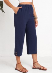 Navy bottoms,Plain Color bottoms,Button Navy Elastic Waist High Waisted Pants