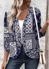 Marineblaue leichte Strickjacke mit 3/4-Ärmeln und Rotita-Tribal-Print