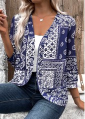 Navy tops,Floral tops,Geometric tops,Tribal tops,Paisley tops,ROTITA Tribal Print Navy 3/4 Sleeve Light Cardigan