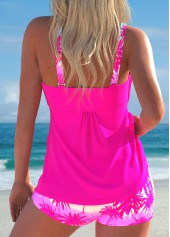 Hot Pink swimwear,Plants swimwear,ROTITA Smocked Hot Pink Tropical Plants Print Tankini Set