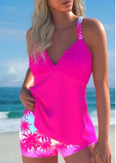 Hot Pink swimwear,Plants swimwear,ROTITA Smocked Hot Pink Tropical Plants Print Tankini Set