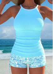 ensemble tankini à imprimé cachemire cyan à reliure contrastée Rotita